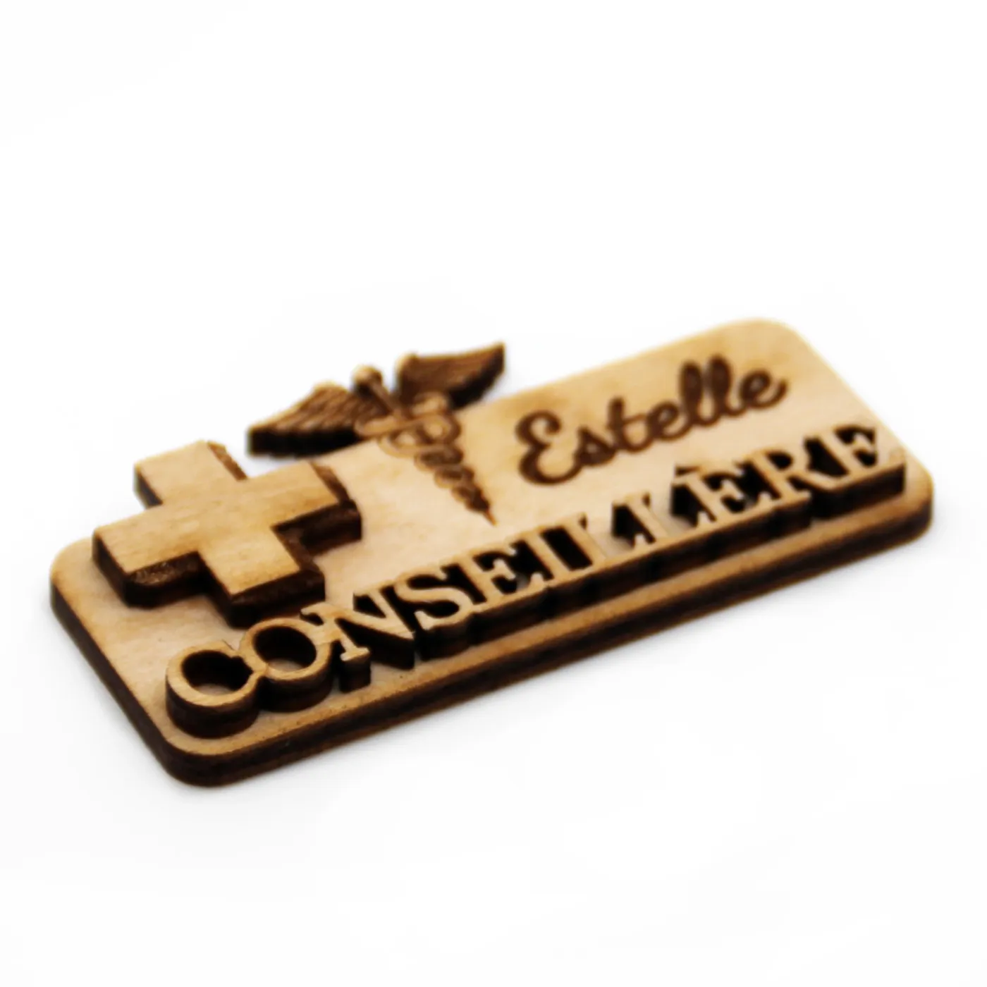 Badge en bois pour conseillère en pharmacie