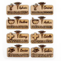 Badge en bois pour conseillère en pharmacie